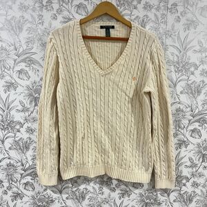 VTG Lauren Ralph Lauren Cotton V-Neck Cable Knit Sweater Cream Y2K Preppy Sz XL